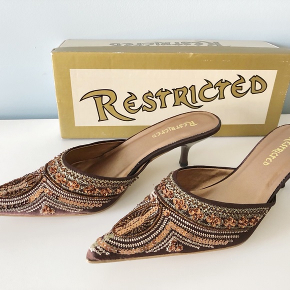Restricted I Brown Sequin Kitten Heel Mules 8.5 - Picture 3 of 7